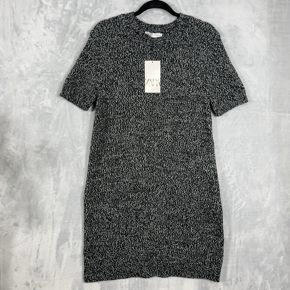 Zara Mini Shift Dress NWT Womens L Black Marled Short Sleeve Knit Sweater Office